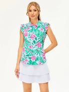 Tropical Flower Button-placket Ruffled Sleeveless Polo Top