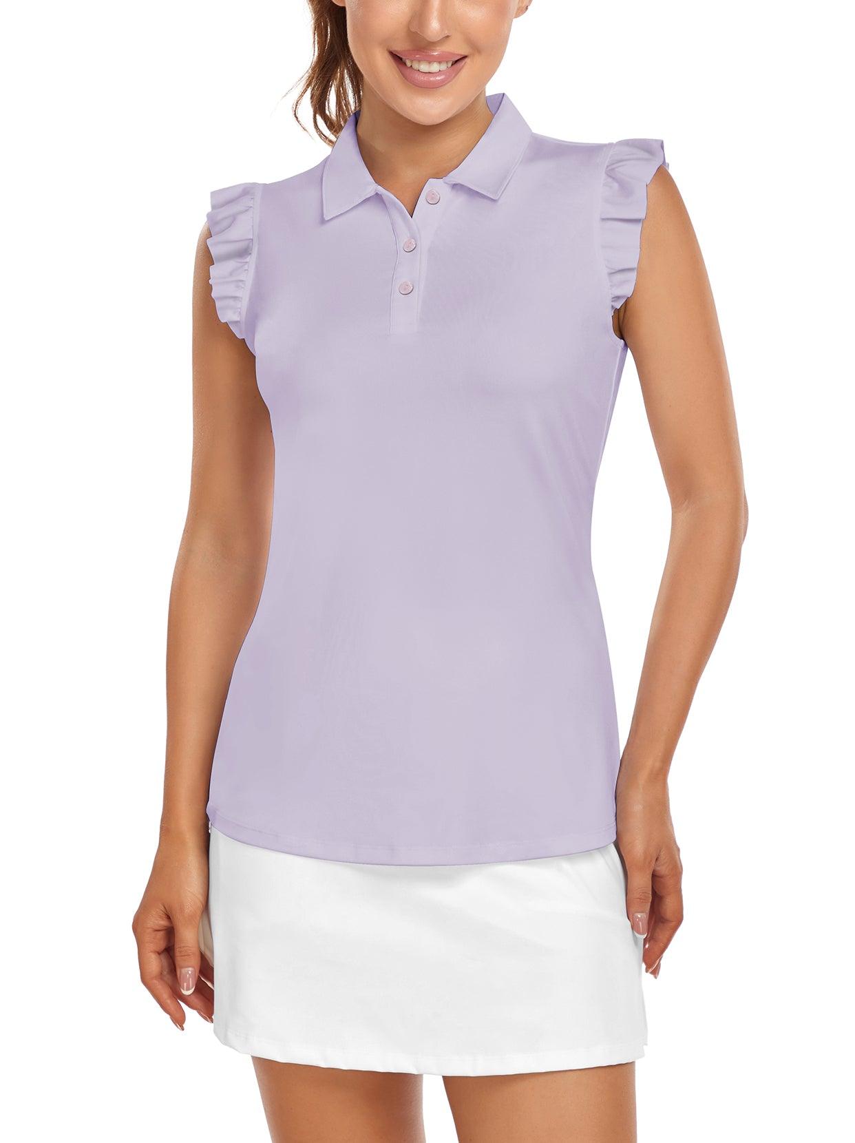 Soneven Ladies Golf Sleeveless Floral Athletic Polo Shirts-💃🏼SO® Light Purple Ruffle Sleeve Shirts Button Closure Moisture Wicking Tennis Shirts Dry Fit