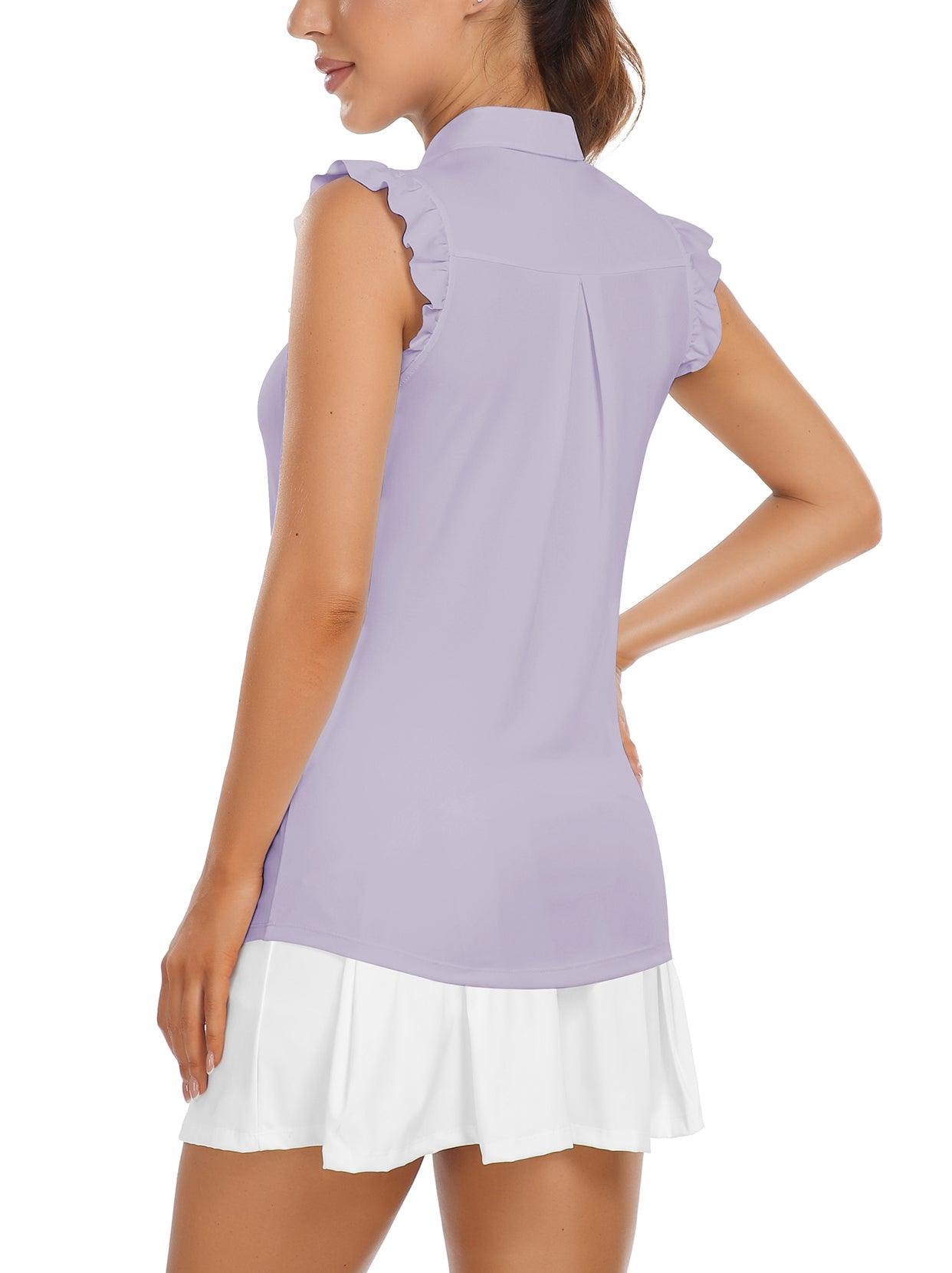 Soneven Ladies Golf Sleeveless Floral Athletic Polo Shirts-💃🏼SO® Light Purple Ruffle Sleeve Shirts Button Closure Moisture Wicking Tennis Shirts Dry Fit