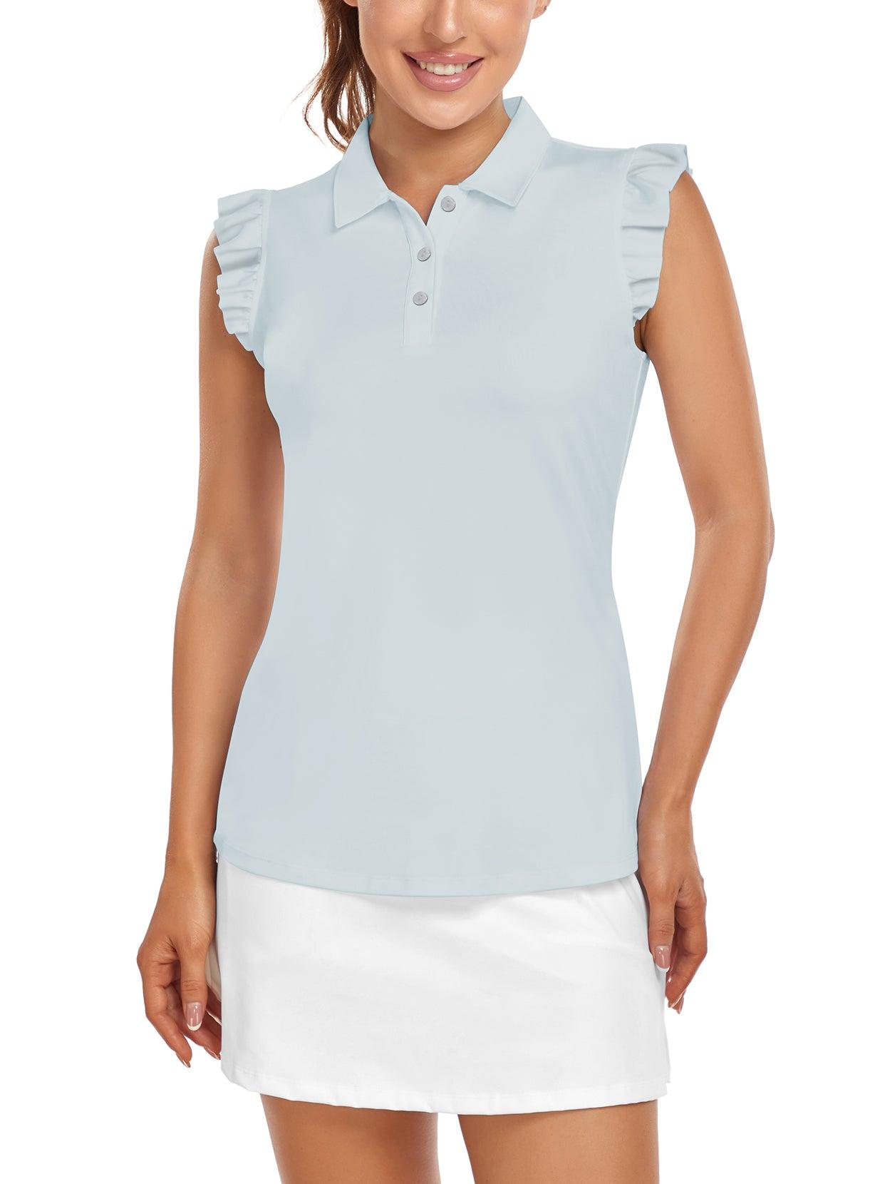 Soneven Ladies Golf Sleeveless Floral Athletic Polo Shirts-💃🏼SO® Light Blue Ruffle Sleeve Shirts Button Closure Moisture Wicking Tennis Shirts Dry Fit