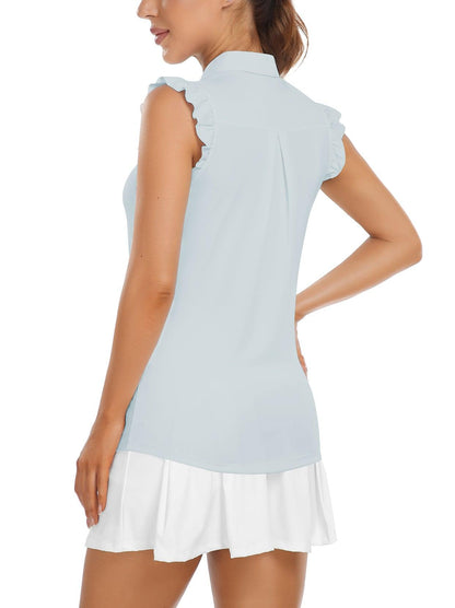 Soneven Ladies Golf Sleeveless Floral Athletic Polo Shirts-💃🏼SO® Light Blue Ruffle Sleeve Shirts Button Closure Moisture Wicking Tennis Shirts Dry Fit