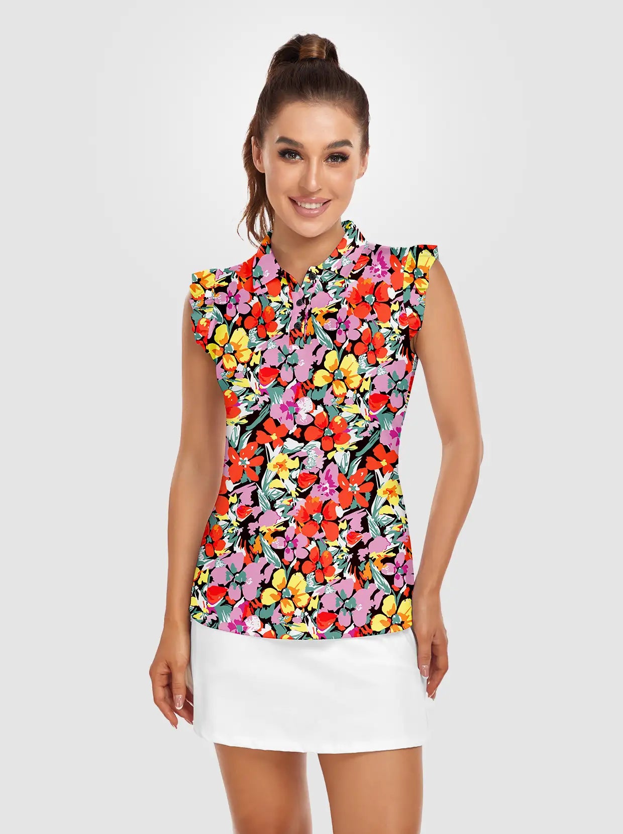 Colorful Floral Ruffled Sleeveless Polo Shirt For Women 