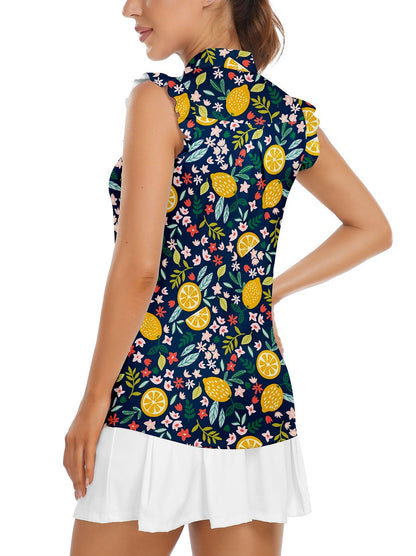 Soneven Ladies Golf Sleeveless Floral Athletic Polo Shirts-💃🏼SO® Lemon Slice Print Ruffle Sleeve Shirts Button Closure Moisture Wicking Tennis Shirts Dry Fit