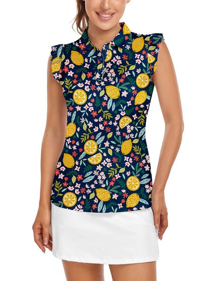 Soneven Ladies Golf Sleeveless Floral Athletic Polo Shirts-💃🏼SO® Lemon Slice Print Ruffle Sleeve Shirts Button Closure Moisture Wicking Tennis Shirts Dry Fit