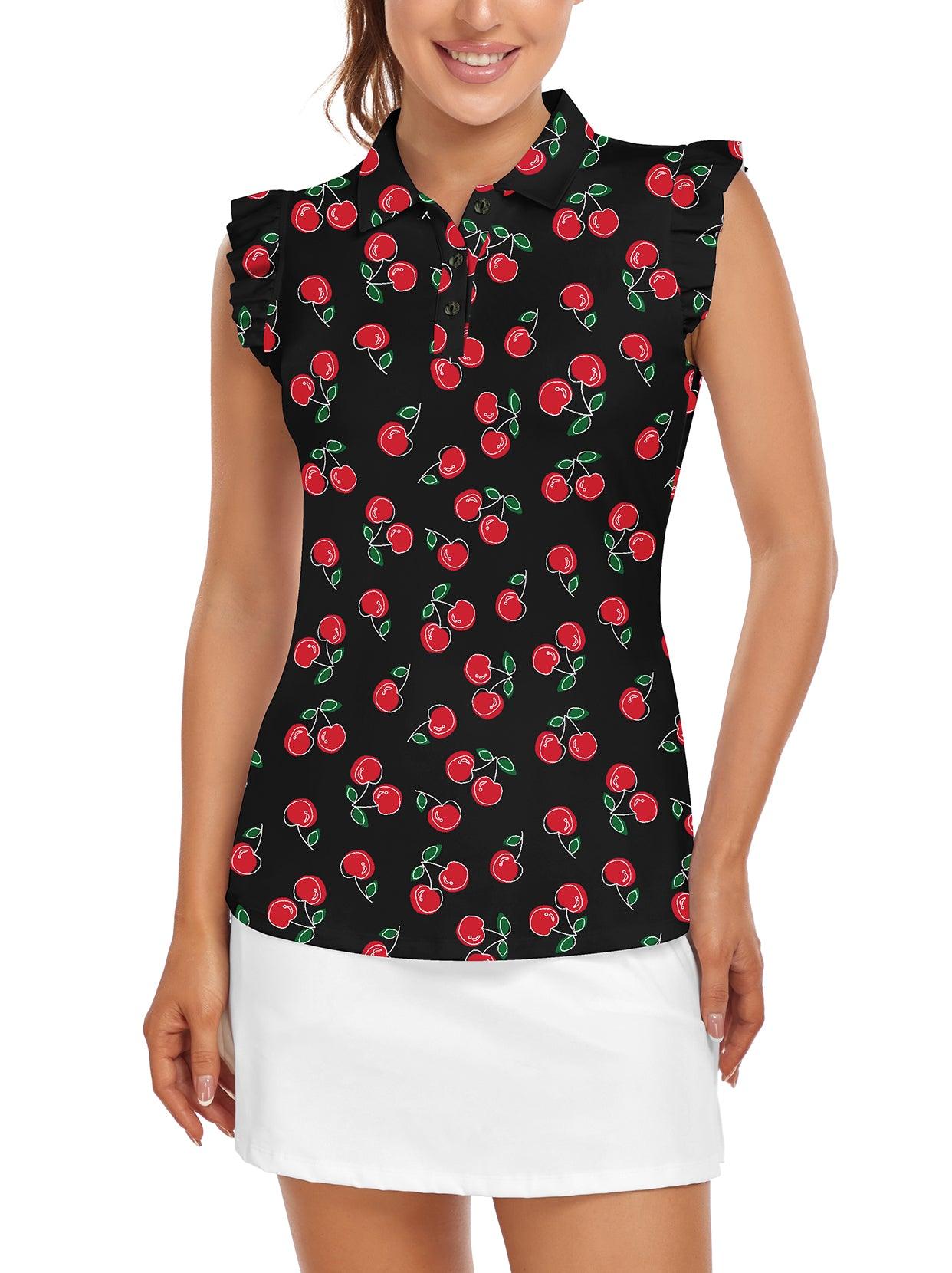 Soneven Ladies Golf Sleeveless Floral Athletic Polo Shirts-💃🏼SO® Cherry on Black Background Ruffle Sleeve Shirts Button Closure Moisture Wicking Tennis Shirts Dry Fit