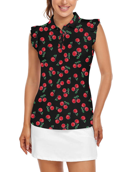 Soneven Ladies Golf Sleeveless Floral Athletic Polo Shirts-💃🏼SO® Cherry on Black Background Ruffle Sleeve Shirts Button Closure Moisture Wicking Tennis Shirts Dry Fit