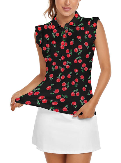 Soneven Ladies Golf Sleeveless Floral Athletic Polo Shirts-💃🏼SO® Cherry on Black Background Ruffle Sleeve Shirts Button Closure Moisture Wicking Tennis Shirts Dry Fit