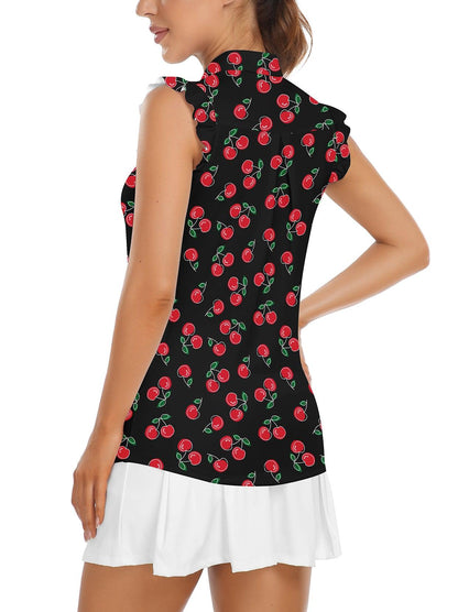 Soneven Ladies Golf Sleeveless Floral Athletic Polo Shirts-💃🏼SO® Cherry on Black Background Ruffle Sleeve Shirts Button Closure Moisture Wicking Tennis Shirts Dry Fit