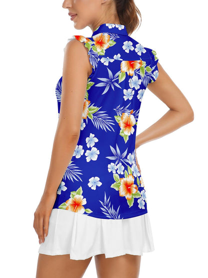 Soneven Ladies Golf Sleeveless Floral Athletic Polo Shirts-💃🏼SO® Flowers on Blue Background Ruffle Sleeve Shirts Button Closure Moisture Wicking Tennis Shirts Dry Fit