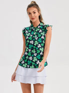 Green Shamrock Ruffled Sleeveless Polo Shirt For Women