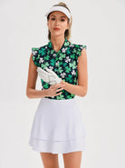 Green Shamrock Ruffled Sleeveless Polo Shirt For Women