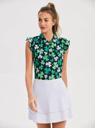 Green Shamrock Ruffled Sleeveless Polo Shirt For Women