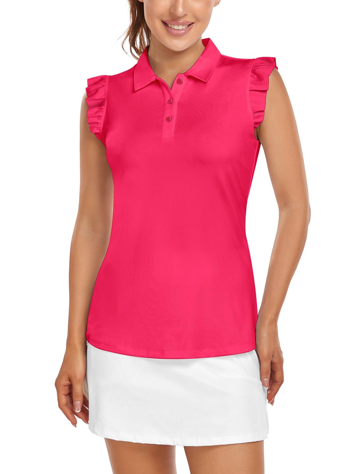 Soneven Ladies Golf Sleeveless Floral Athletic Polo Shirts-Rose Pink Ruffle Sleeve Shirts Button Closure Moisture Wicking Tennis Shirts Dry Fit