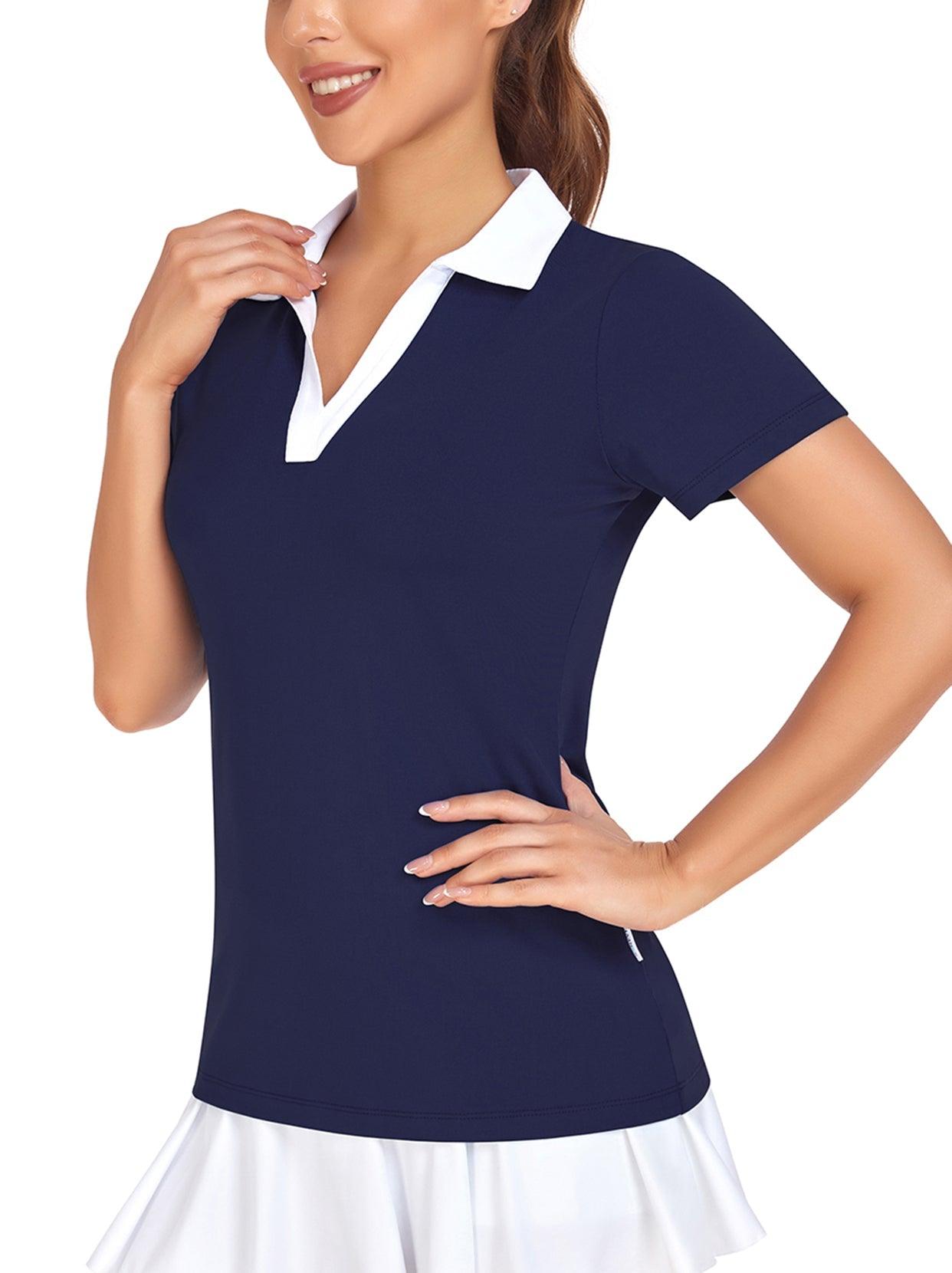 Dark Blue with White V-neck Short-sleeve Golf Polo for Women