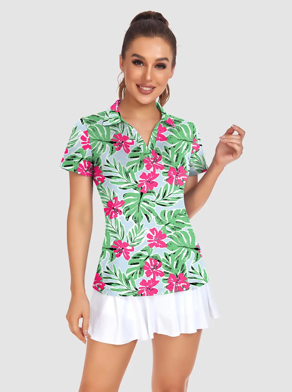 Floral V-neck Short-sleeve Golf Polo for Women