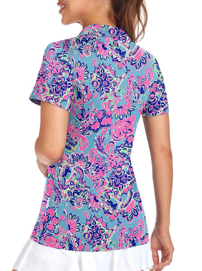 Blue and Purplr Floral Prints V-neck Short-sleeve Golf Polo for Women