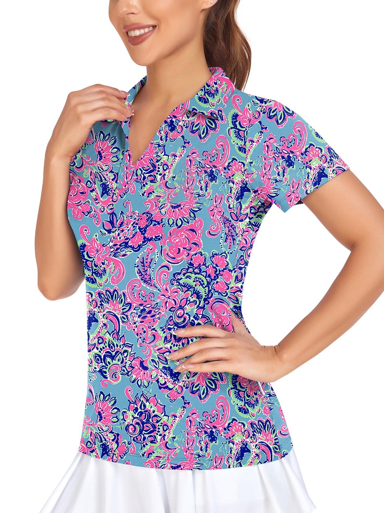 Blue and Purplr Floral Prints V-neck Short-sleeve Golf Polo for Women