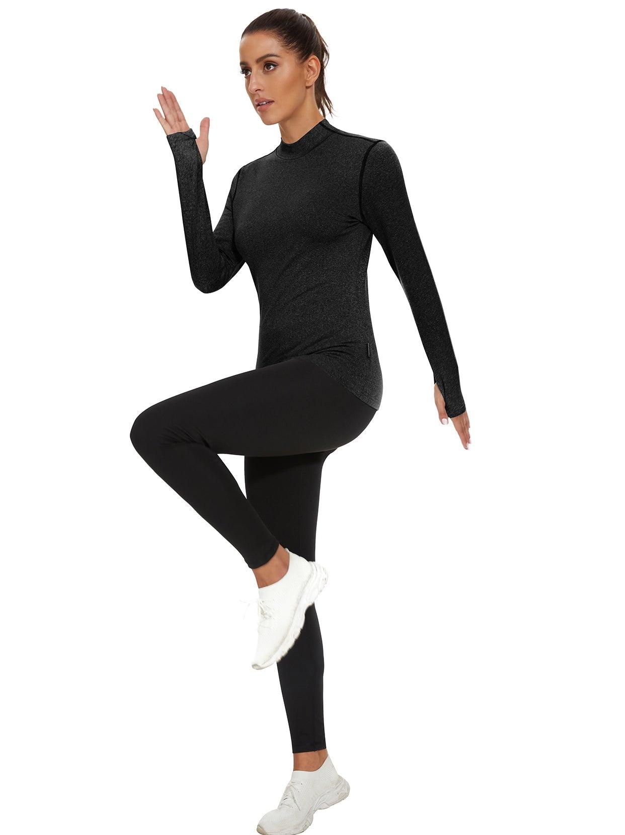 Women's Thermal-Black Half Collar Fleece Long Sleeve Workout Shirts Running Loose Fit Basic Tops