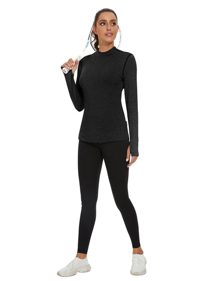 Women's Thermal-Black Half Collar Fleece Long Sleeve Workout Shirts Running Loose Fit Basic Tops