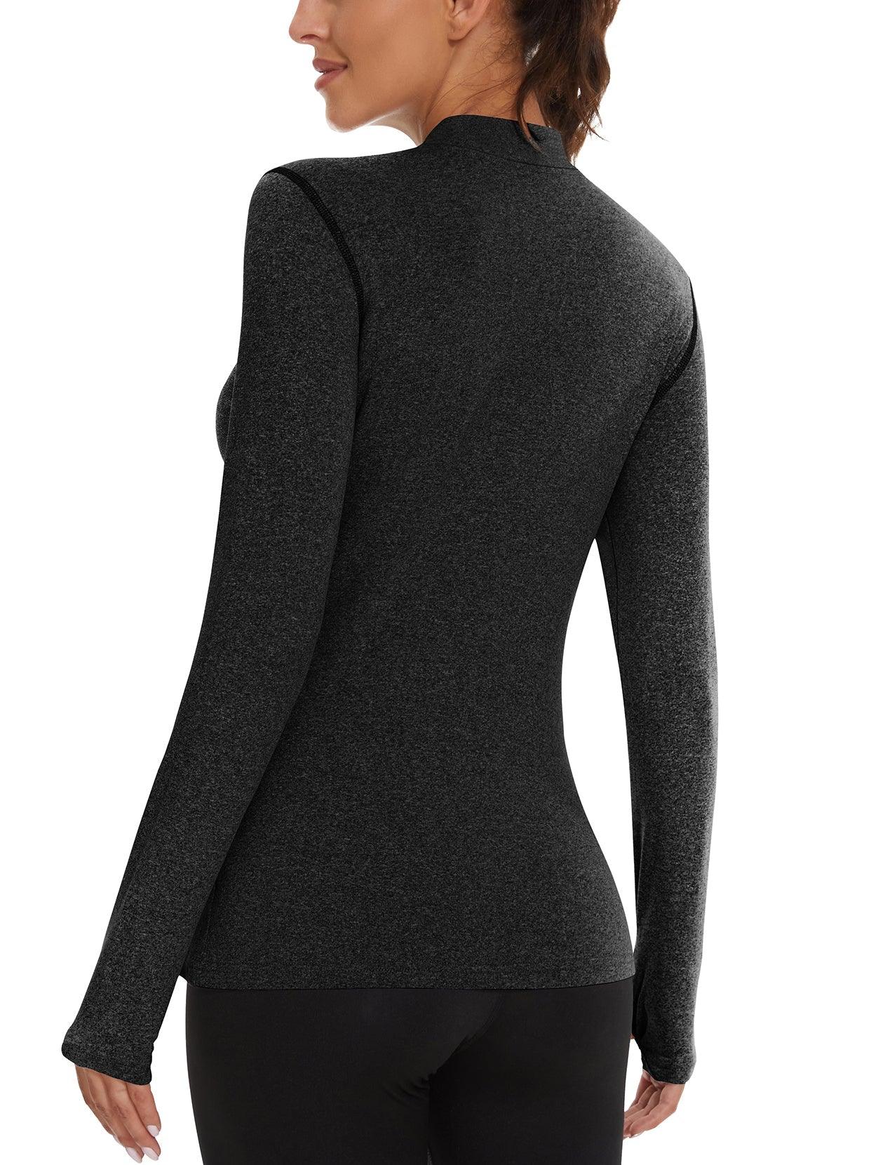 Women's Thermal-Black Half Collar Fleece Long Sleeve Workout Shirts Running Loose Fit Basic Tops