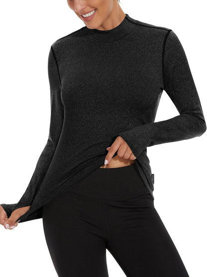 Women's Thermal-Black Half Collar Fleece Long Sleeve Workout Shirts Running Loose Fit Basic Tops