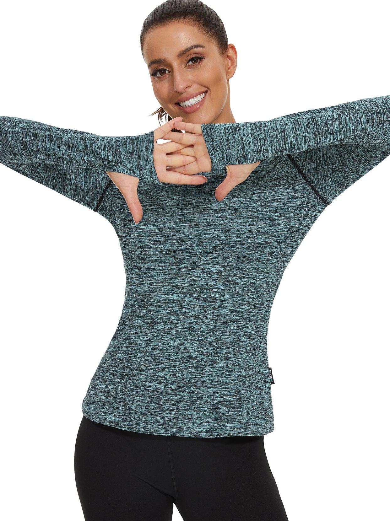 Women's Thermal-Green Half Collar Fleece Long Sleeve Workout Shirts Running Loose Fit Basic Tops