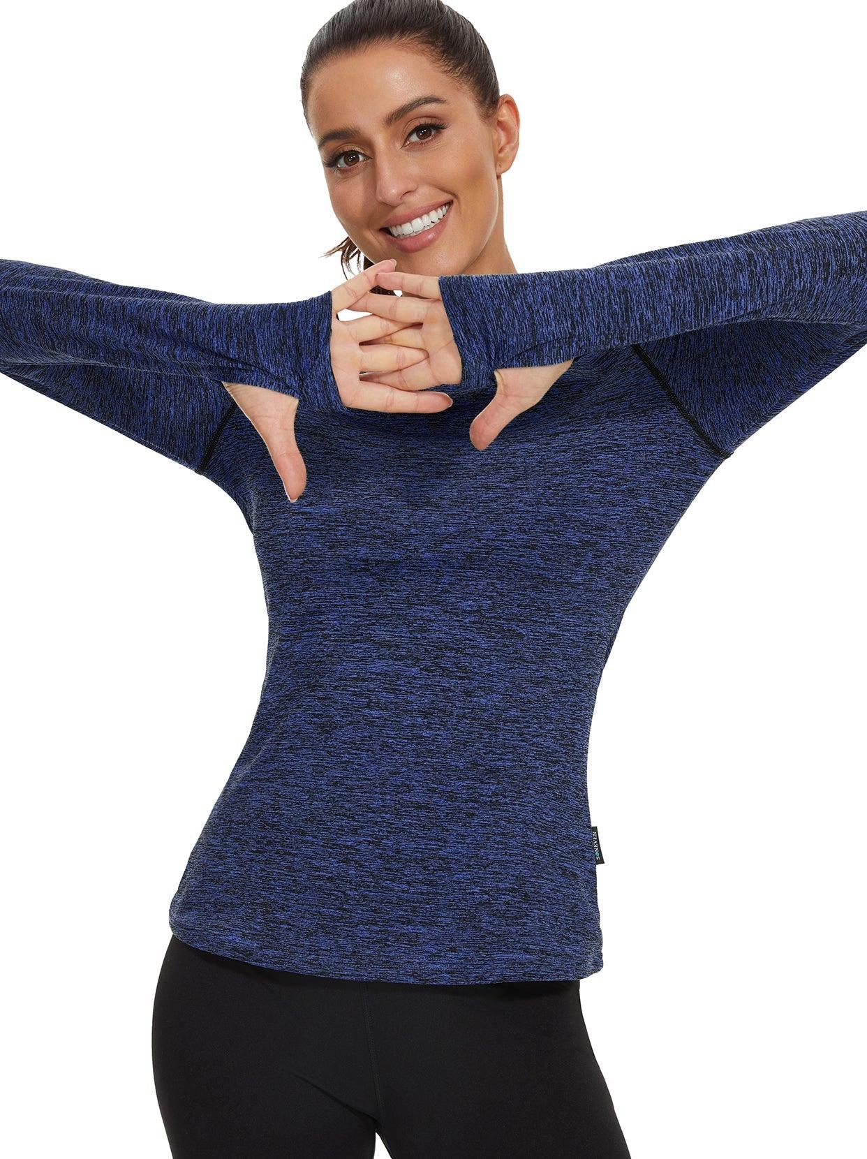 Women's Thermal-🌞SO® Blue Half Collar Fleece Long Sleeve Workout Shirts Running Loose Fit Basic Tops