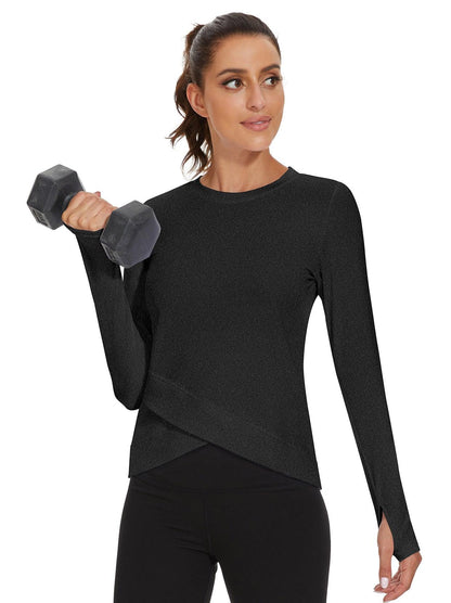 Women's Thermal-🌞SO® Black Round Collar Crossed Hem Fleece Long Sleeve Workout Shirts Running Loose Fit Basic Tops