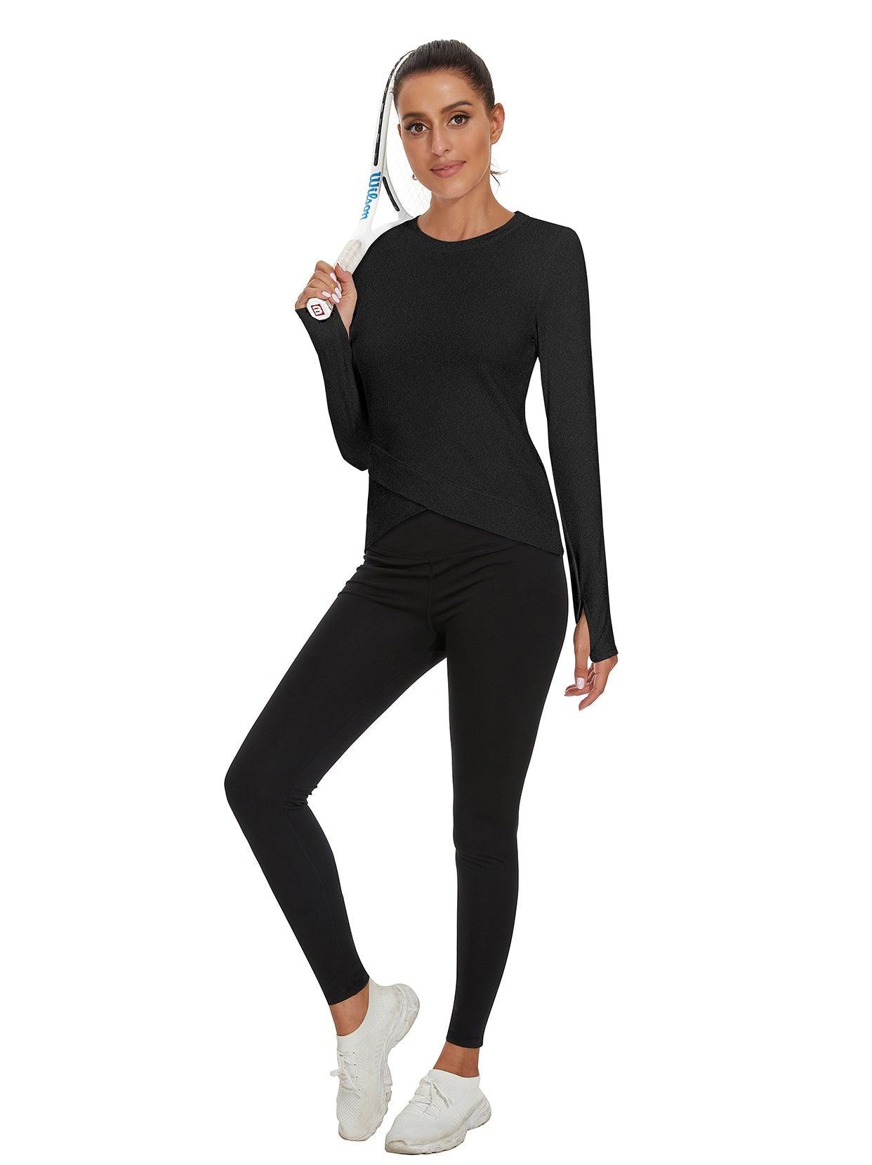 Women's Thermal-🌞SO® Black Round Collar Crossed Hem Fleece Long Sleeve Workout Shirts Running Loose Fit Basic Tops