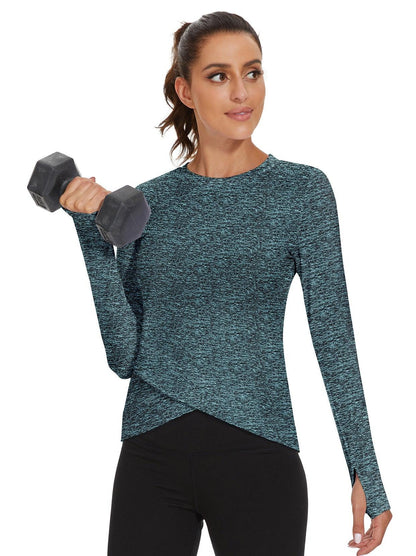 Women's Thermal-Green Round Collar Crossed Hem Fleece Long Sleeve Workout Shirts Running Loose Fit Basic Tops