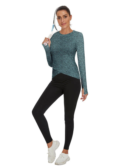 Women's Thermal-Green Round Collar Crossed Hem Fleece Long Sleeve Workout Shirts Running Loose Fit Basic Tops