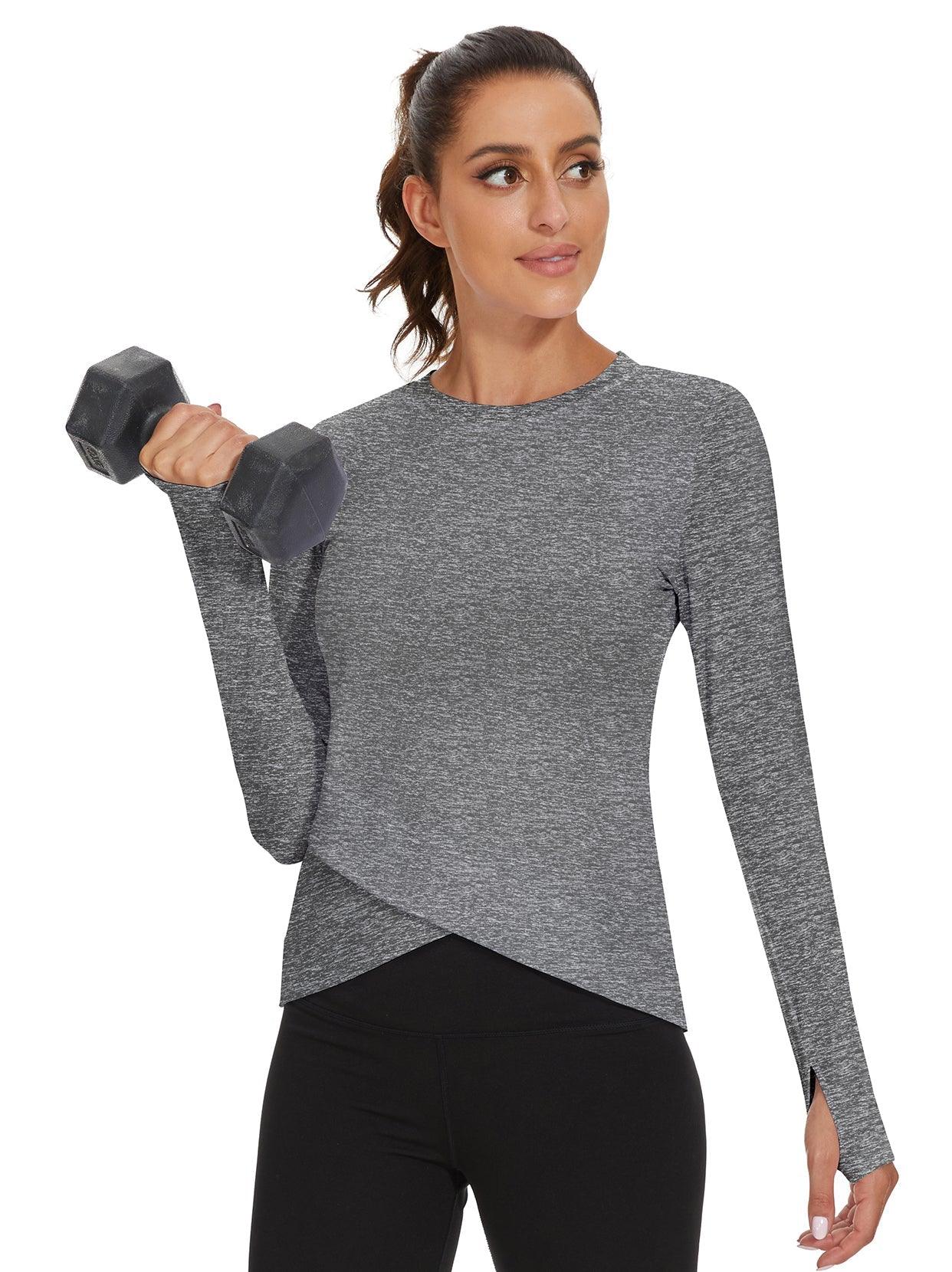 Women's Thermal-🌞SO® Grey Round Collar Crossed Hem Fleece Long Sleeve Workout Shirts Running Loose Fit Basic Tops