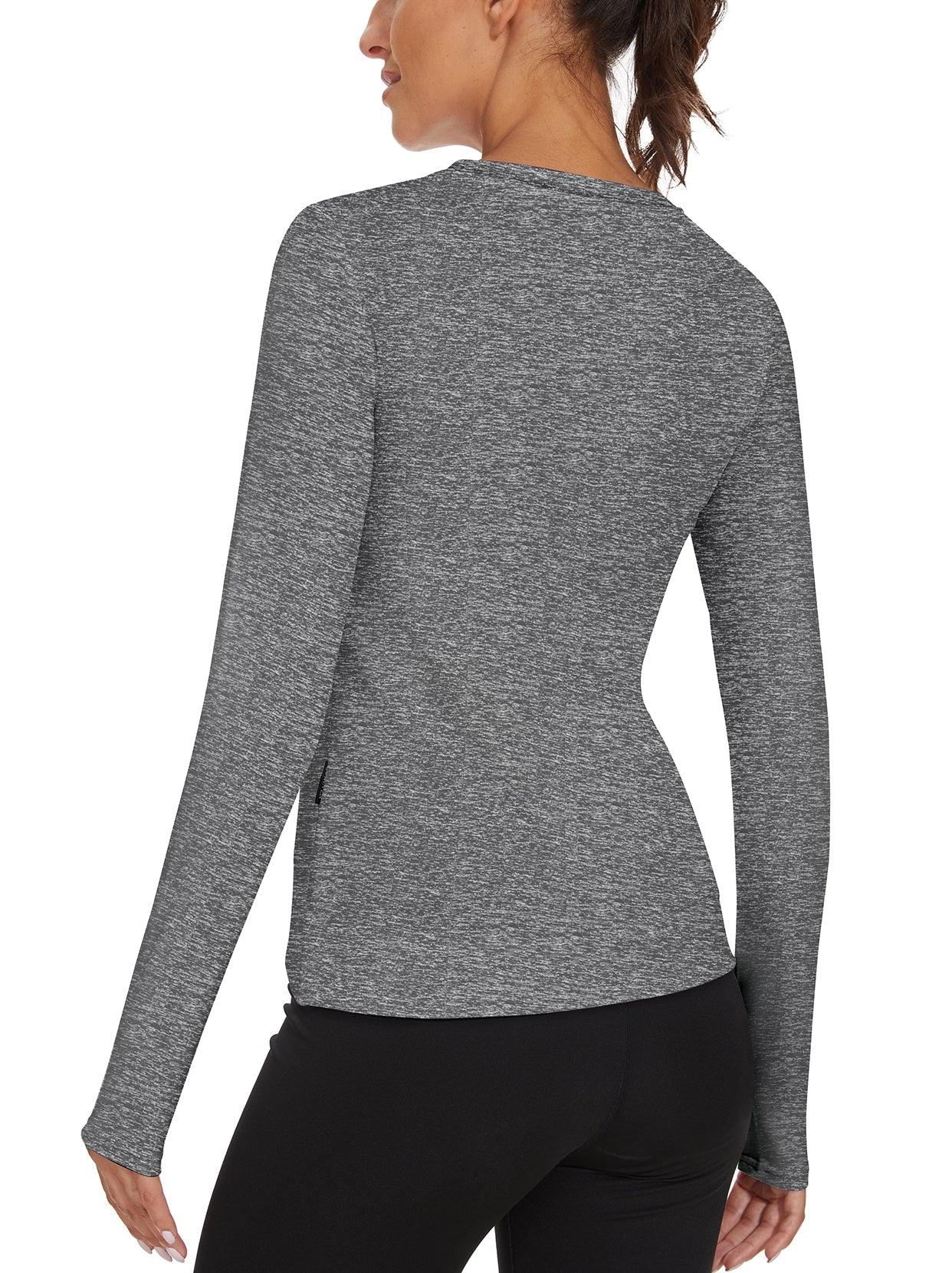 Women's Thermal-🌞SO® Grey Round Collar Crossed Hem Fleece Long Sleeve Workout Shirts Running Loose Fit Basic Tops