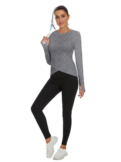 Women's Thermal-🌞SO® Grey Round Collar Crossed Hem Fleece Long Sleeve Workout Shirts Running Loose Fit Basic Tops