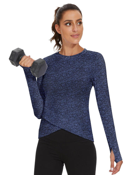 Women's Thermal-🌞SO® Blue Round Collar Crossed Hem Fleece Long Sleeve Workout Shirts Running Loose Fit Basic Tops