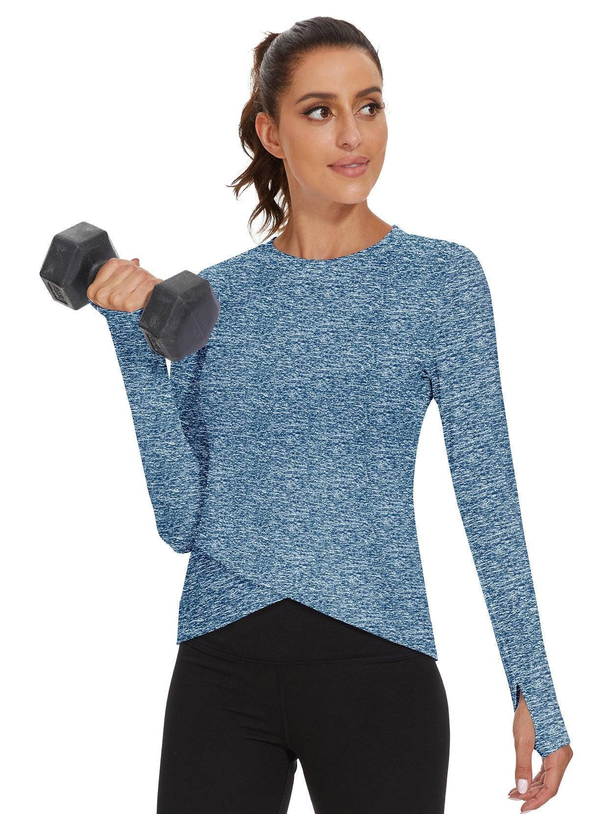 Women's Thermal-🌞SO® Light Blue Round Collar Crossed Hem Fleece Long Sleeve Workout Shirts Running Loose Fit Basic Tops