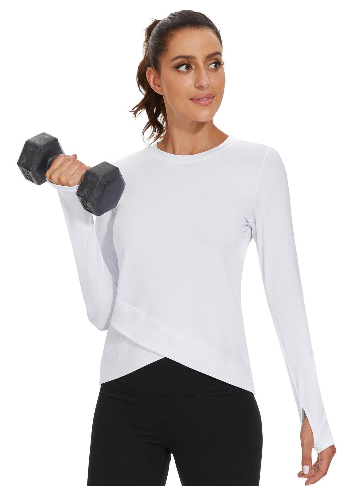 Women's Thermal-🌞SO® White Round Collar Crossed Hem Fleece Long Sleeve Workout Shirts Running Loose Fit Basic Tops