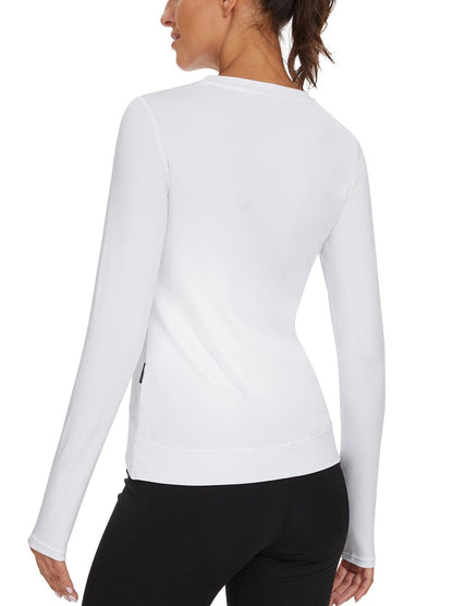 Women's Thermal-🌞SO® White Round Collar Crossed Hem Fleece Long Sleeve Workout Shirts Running Loose Fit Basic Tops