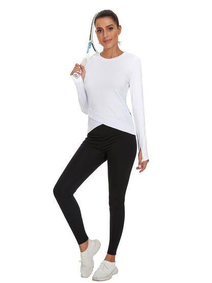 Women's Thermal-🌞SO® White Round Collar Crossed Hem Fleece Long Sleeve Workout Shirts Running Loose Fit Basic Tops