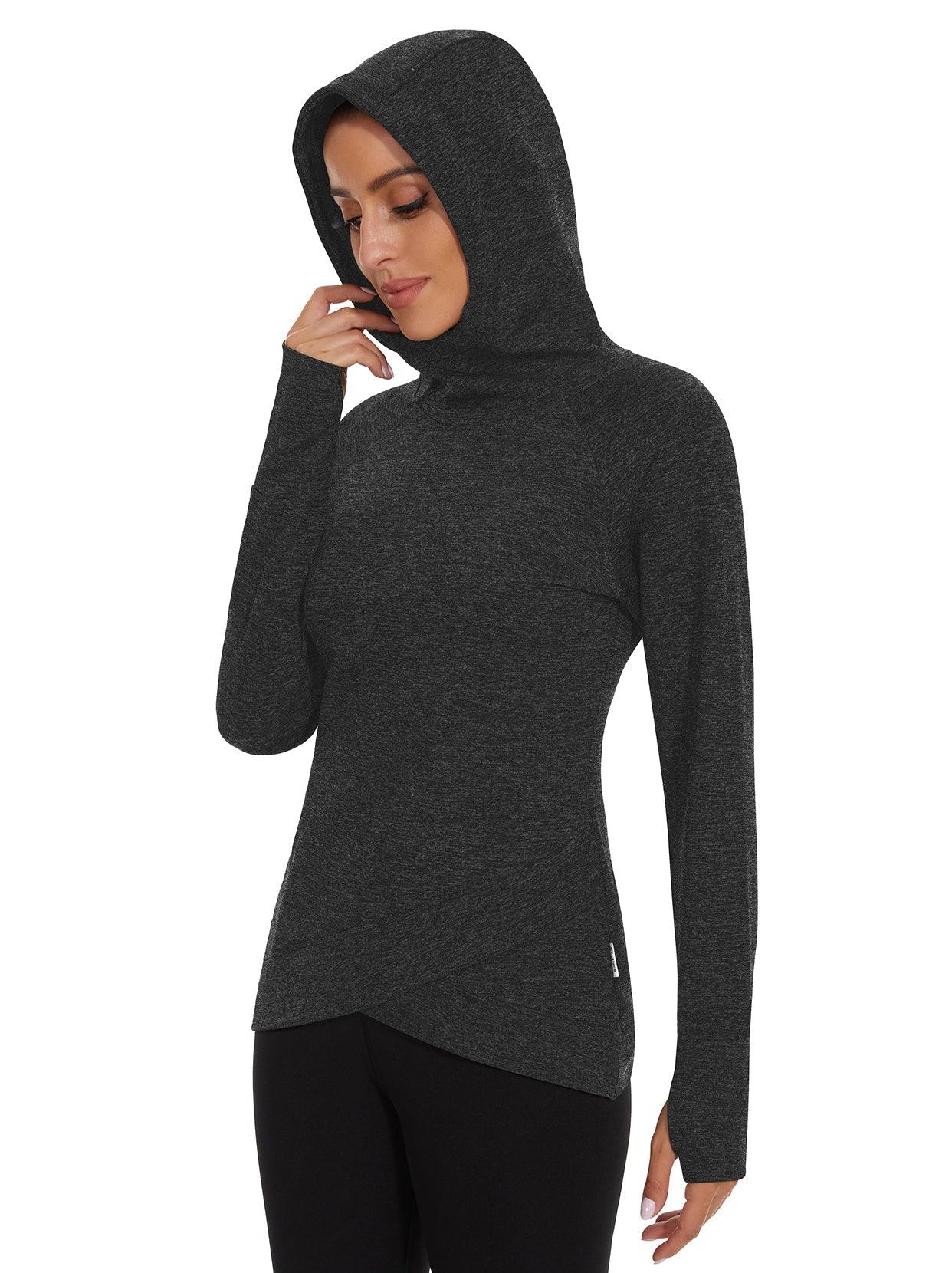 Women's Thermal-🌞SO® Black Hooded Crossed Hem Fleece Long Sleeve Workout Shirts Running Loose Fit Basic Tops