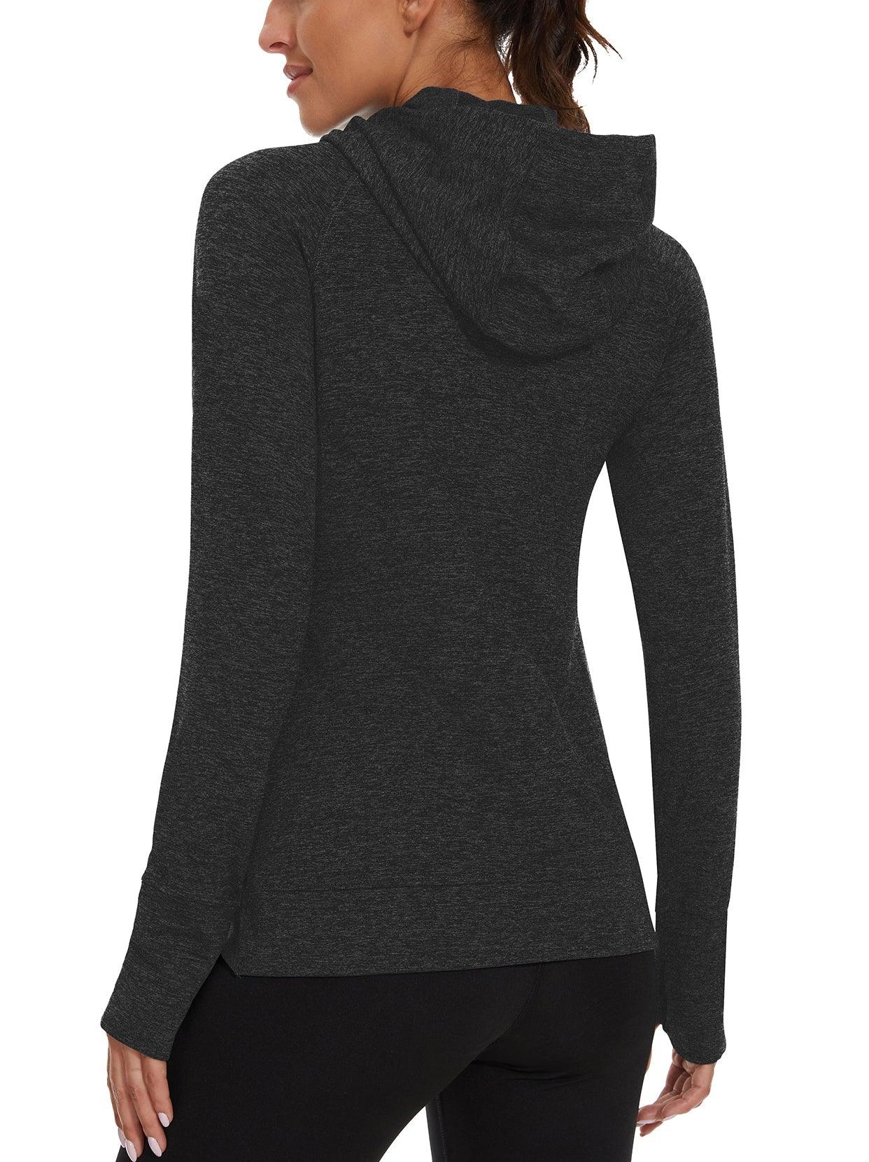 Women's Thermal-🌞SO® Black Hooded Crossed Hem Fleece Long Sleeve Workout Shirts Running Loose Fit Basic Tops