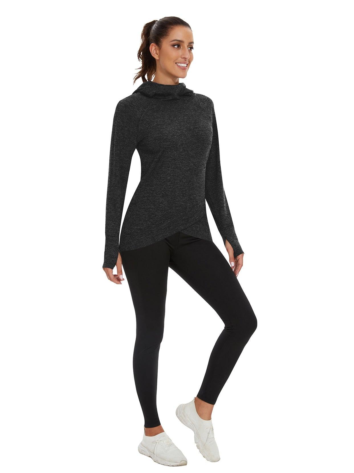 Women's Thermal-🌞SO® Black Hooded Crossed Hem Fleece Long Sleeve Workout Shirts Running Loose Fit Basic Tops