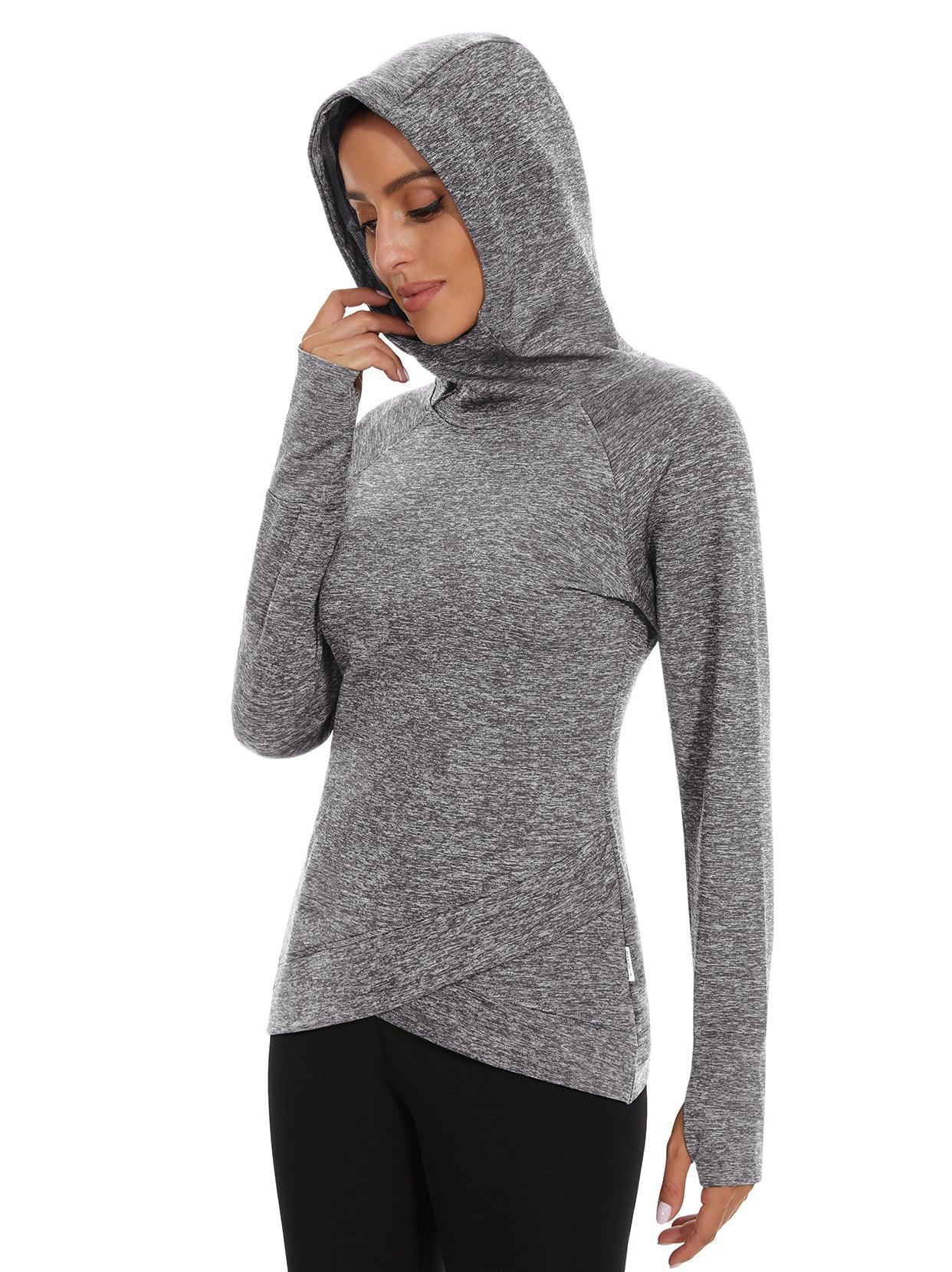 Women's Thermal-🌞SO® Grey Hooded Crossed Hem Fleece Long Sleeve Workout Shirts Running Loose Fit Basic Tops