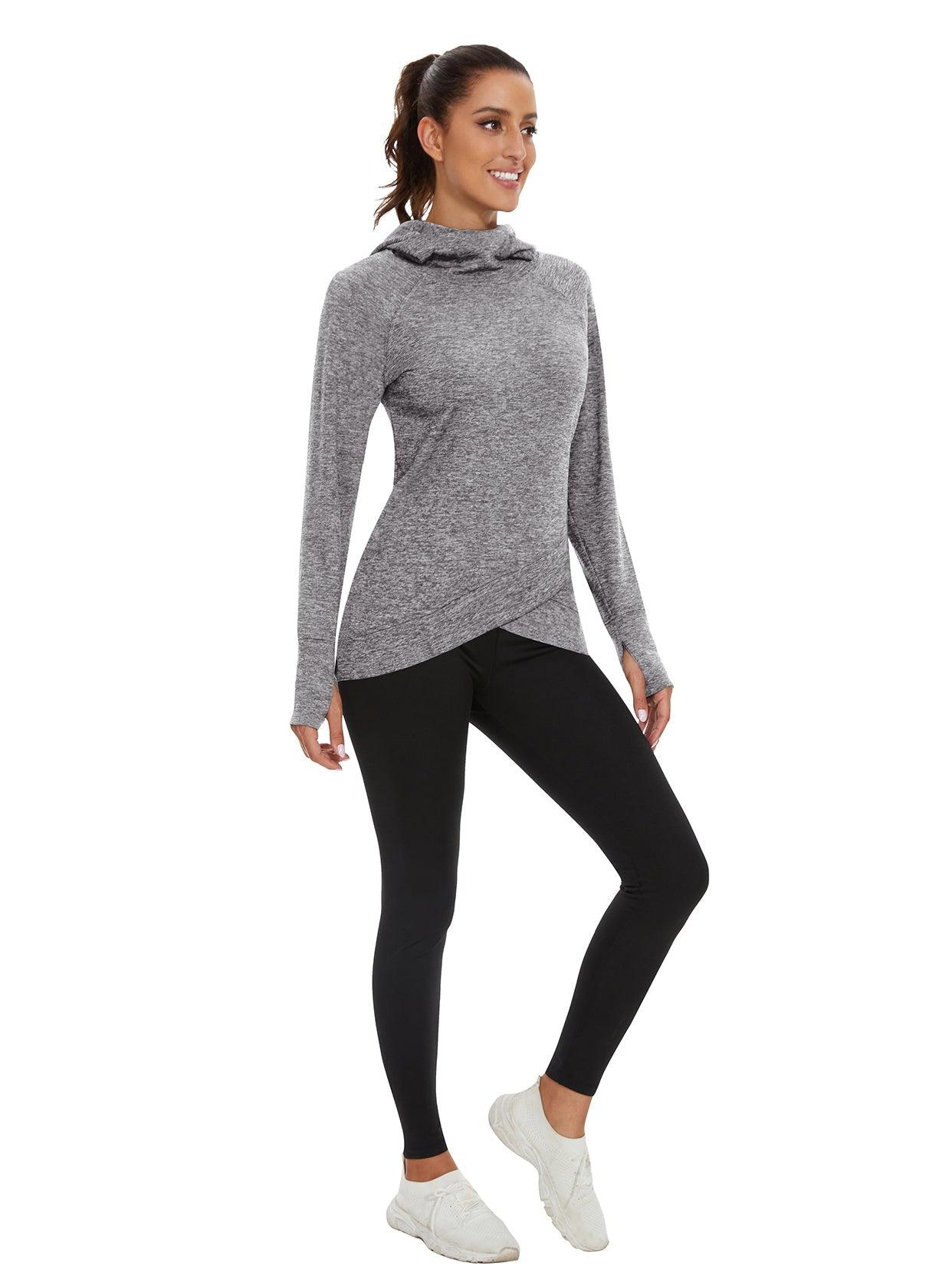 Women's Thermal-🌞SO® Grey Hooded Crossed Hem Fleece Long Sleeve Workout Shirts Running Loose Fit Basic Tops