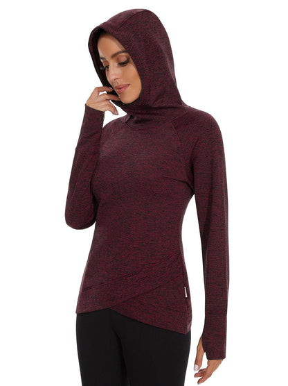 Women's Thermal-🌞SO® Red Hooded Crossed Hem Fleece Long Sleeve Workout Shirts Running Loose Fit Basic Tops