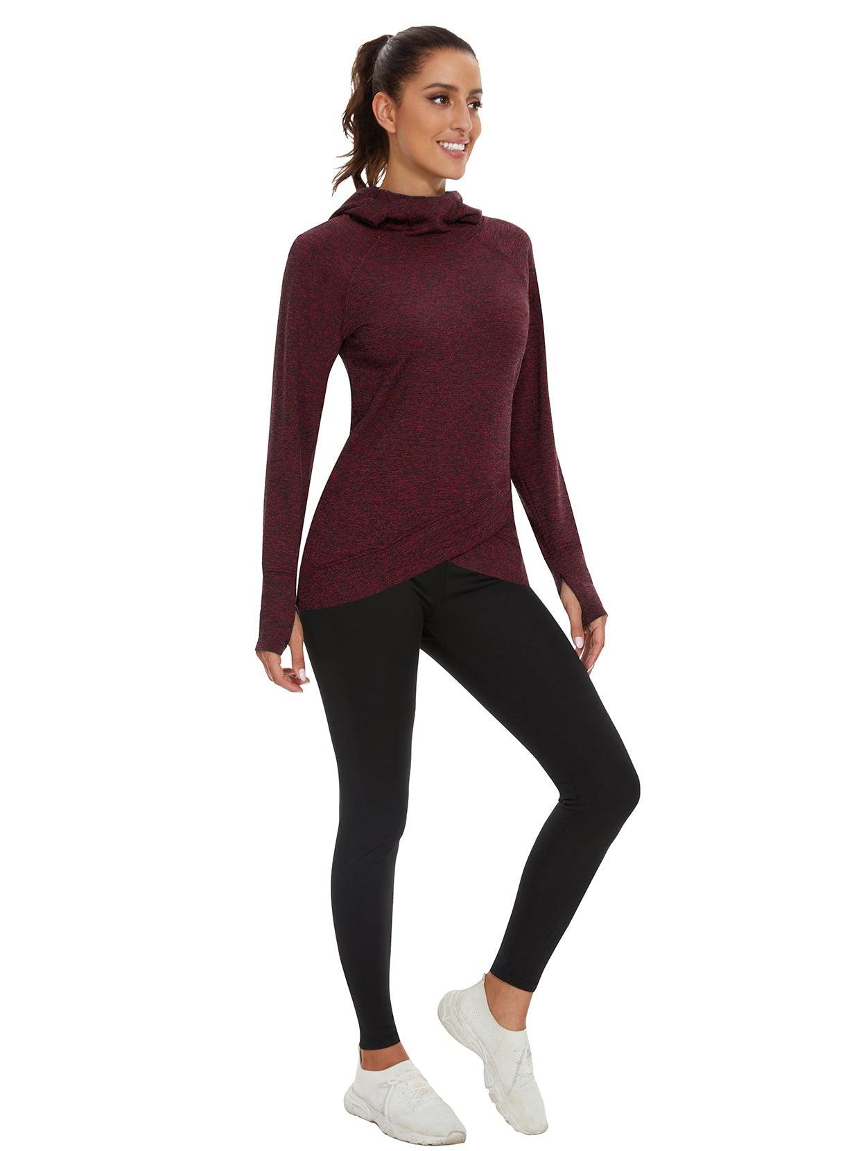 Women's Thermal-🌞SO® Red Hooded Crossed Hem Fleece Long Sleeve Workout Shirts Running Loose Fit Basic Tops