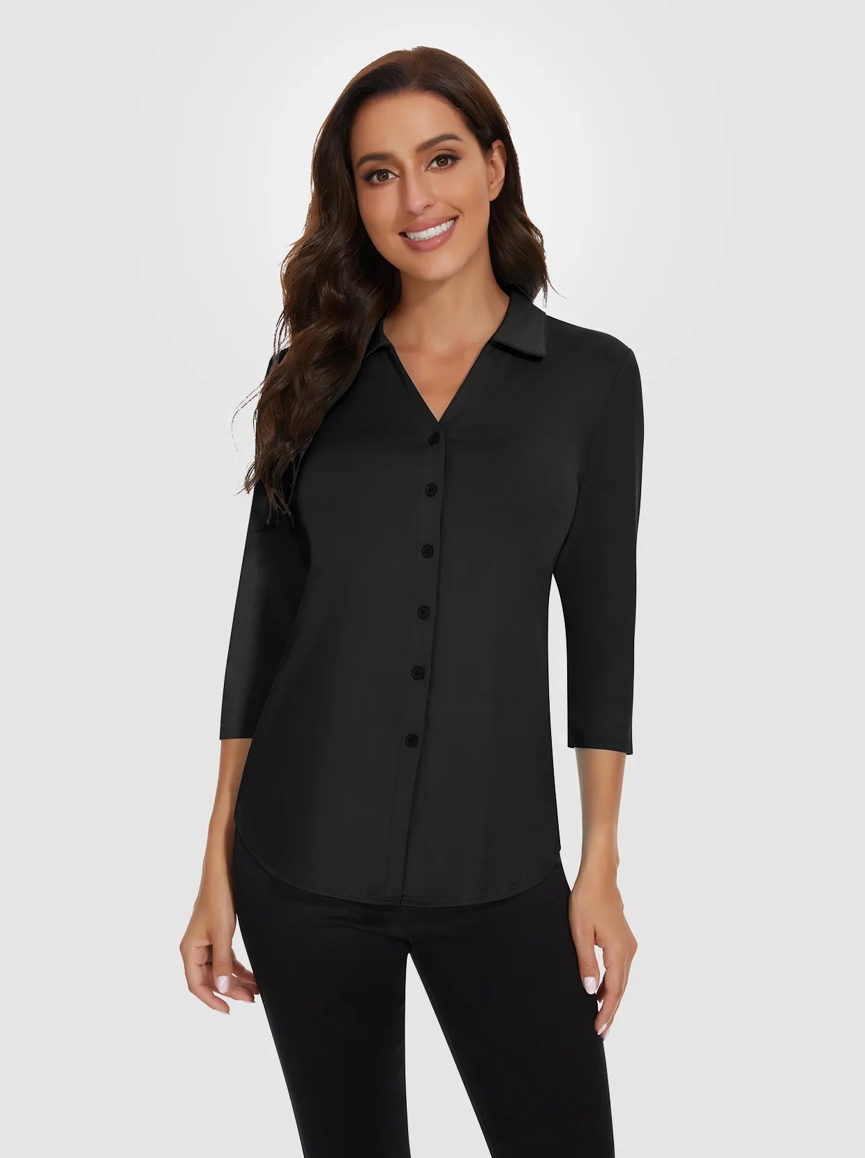 Solid Black V-neck Button-Down 3/4 Sleeve Polo Shirt For Women 