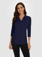 Dark Blue V-neck Button-Down 3/4 Sleeve Polo Shirt For Women 