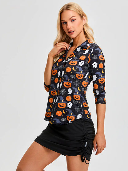 Halloween Pumpkin Ghost V-Neck Button Down 3/4 Sleeve Shirt for Women