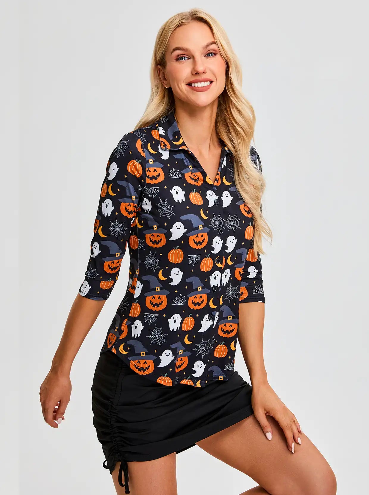 Halloween Pumpkin Ghost V-Neck Button Down 3/4 Sleeve Shirt for Women